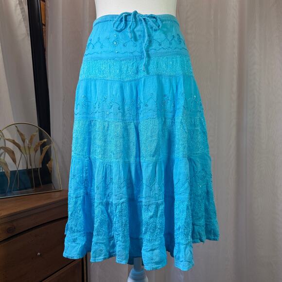Free Size Boho Gypsy Blue Festival Skirt Size XS-L Flowy 100% Rayon - Picture 1 of 8